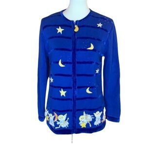 Quacker Factory blue full zip cardigan with angels Size Small